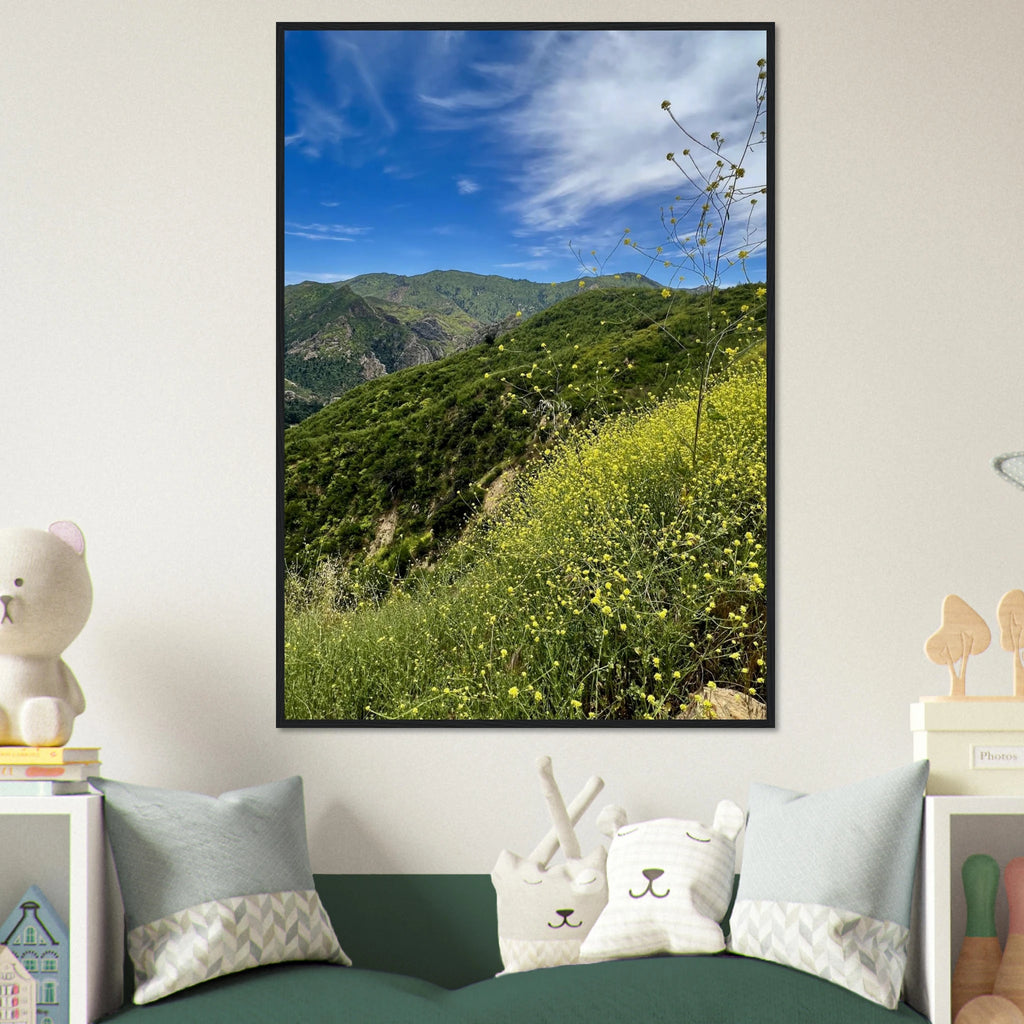 Wooden framed Malibu Canyon Wildflowers poster on museum-quality matte paper wall art, featuring California wildflower scene.