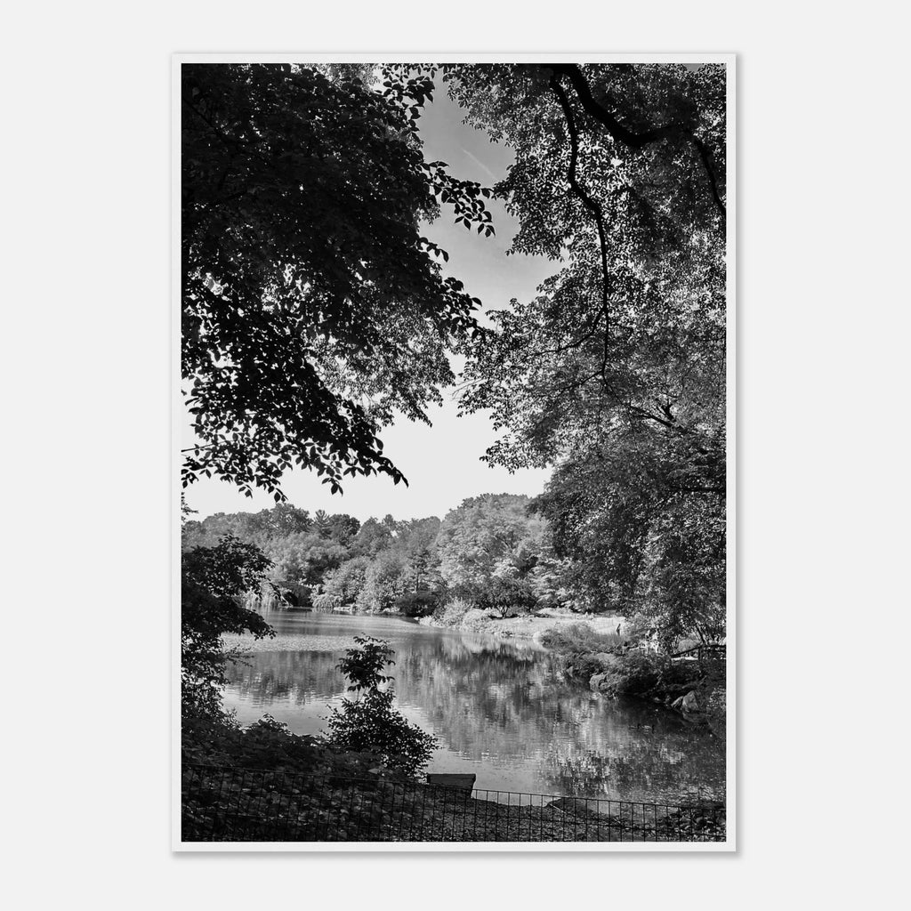 Black and white framed poster of a summer lake scene in Upstate NY from the Studio Edition Travel Collection, perfect for home decor.