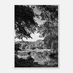 Black and white framed poster of a summer lake scene in Upstate NY from the Studio Edition Travel Collection, perfect for home decor.