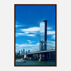 Framed NYC Manhattan Bridge and East River urban photography print, showcasing iconic New York City skyline and bridge details.