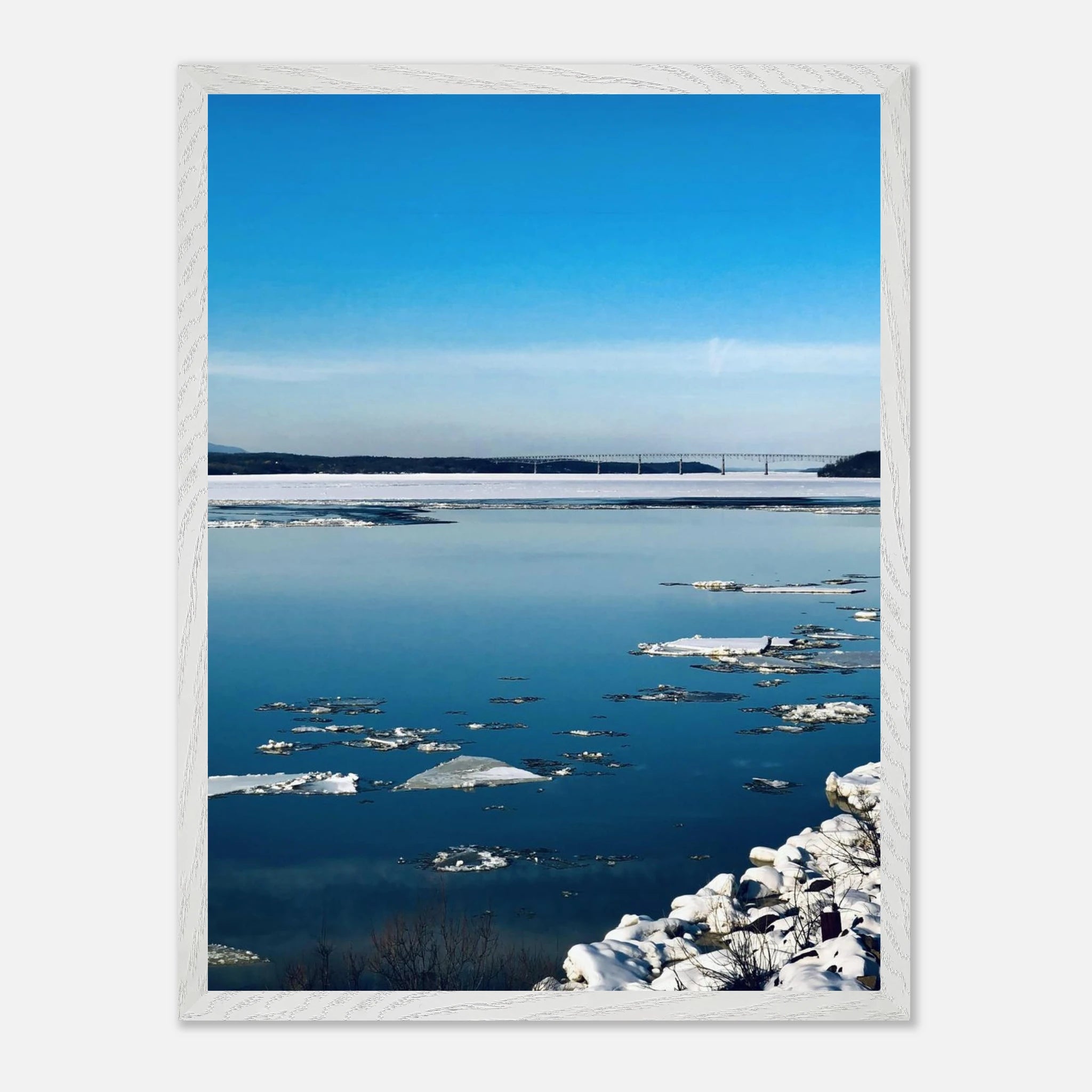 Premium wooden framed Hudson Valley winter poster print featuring snowy landscape and holiday travel vibes, studio edition.