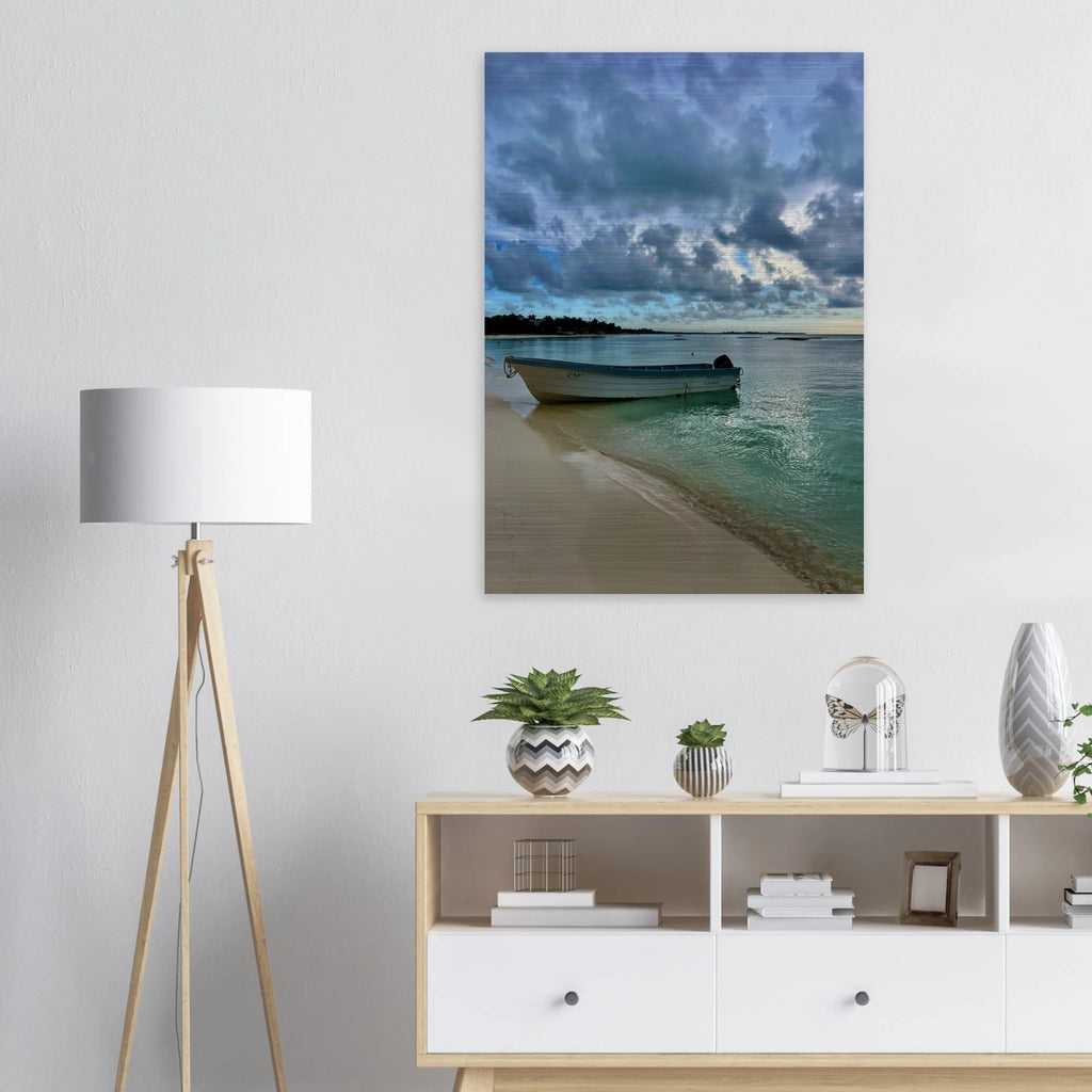 Brushed aluminum print of a tranquil Caribbean beach scene featuring a fisherboat, part of CaliCuration's Tulum travel art collection.