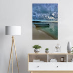 Brushed aluminum print of a tranquil Caribbean beach scene featuring a fisherboat, part of CaliCuration's Tulum travel art collection.