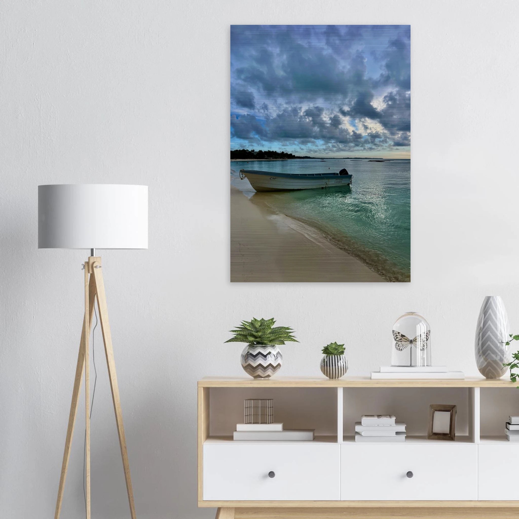 Brushed aluminum print of a tranquil Caribbean beach scene featuring a fisherboat, part of CaliCuration's Tulum travel art collection.