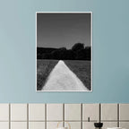 Black and white framed poster of a summer road scene from the Travel Collection, printed on semi-glossy paper, Studio Edition.
