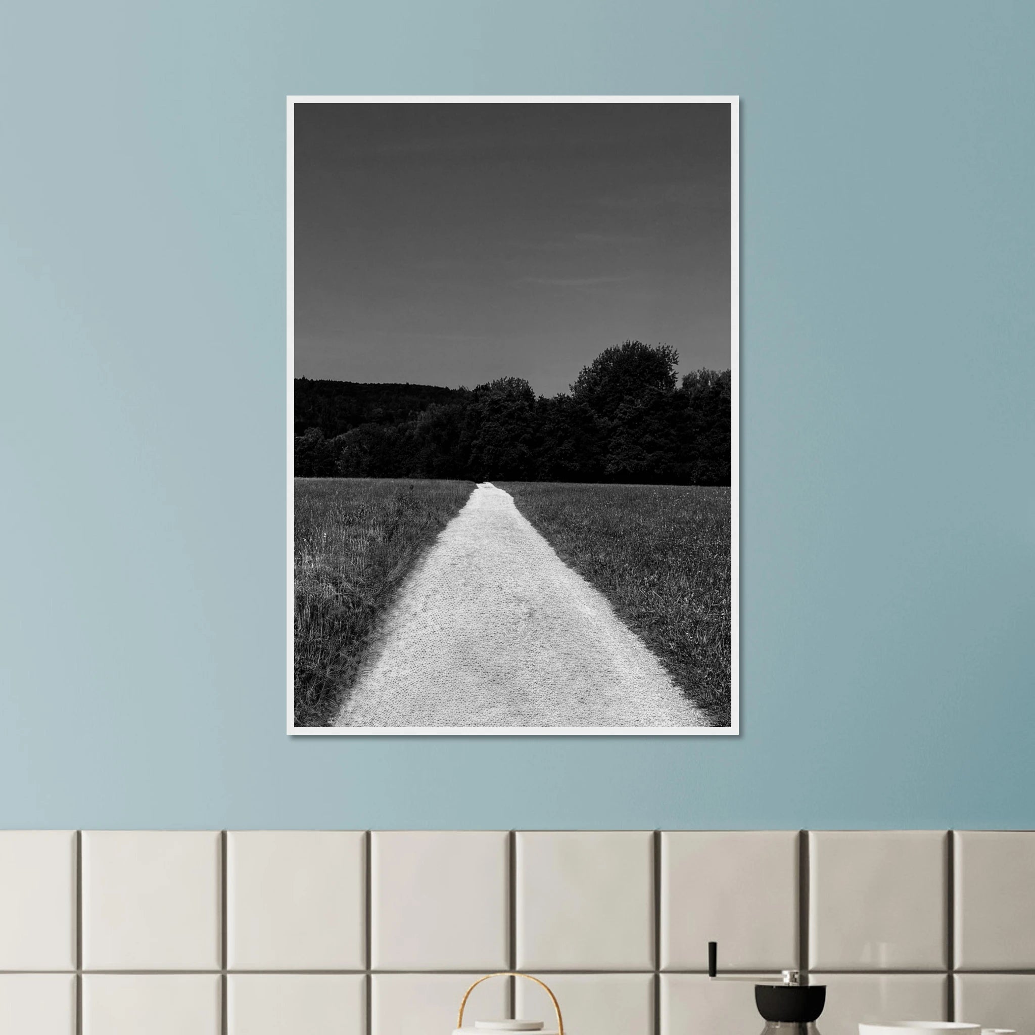 Black and white framed poster of a summer road scene from the Travel Collection, printed on semi-glossy paper, Studio Edition.