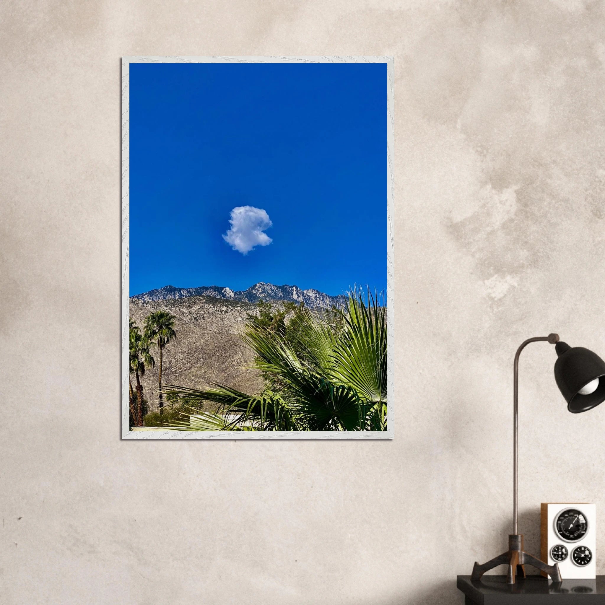 Palm Springs Cloud mounted wooden framed poster featuring California landscape art, perfect for home decor.