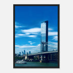 Framed NYC Manhattan Bridge and East River urban photography print, showcasing iconic New York City skyline and bridge details.