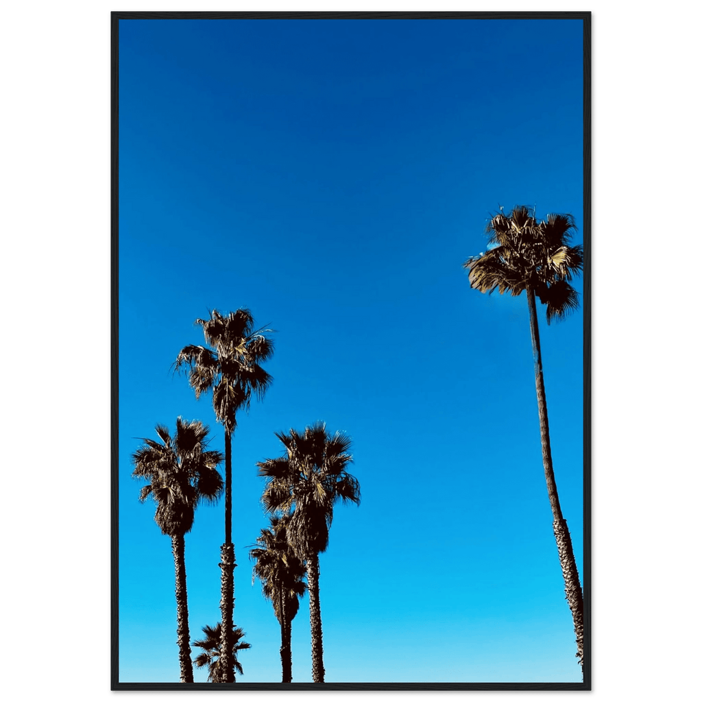 Wooden-framed Santa Barbara Palm Tree Magic poster by CaliCuration, featuring California-inspired art on semi-glossy paper.
