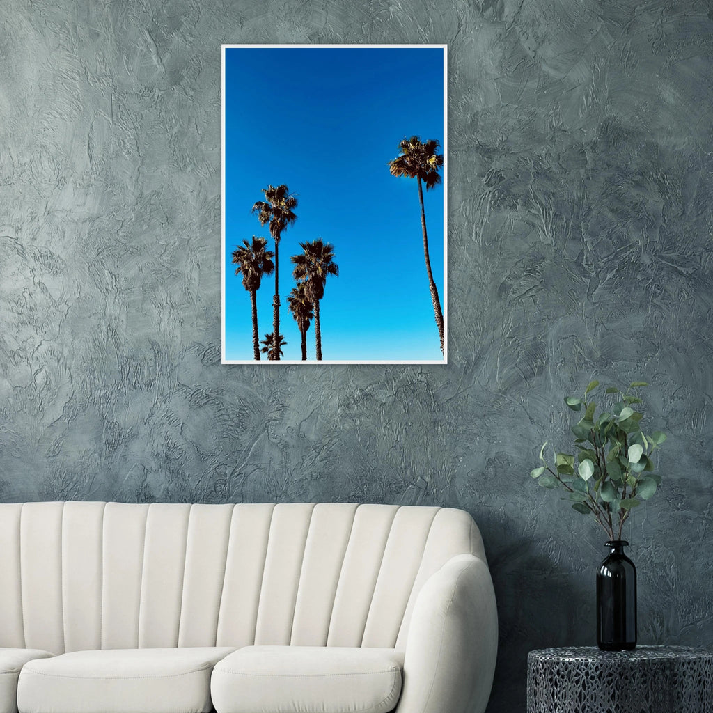 Wooden framed Santa Barbara Palm Tree Magic poster on premium semi-glossy paper, California art studio edition, perfect for home decor.