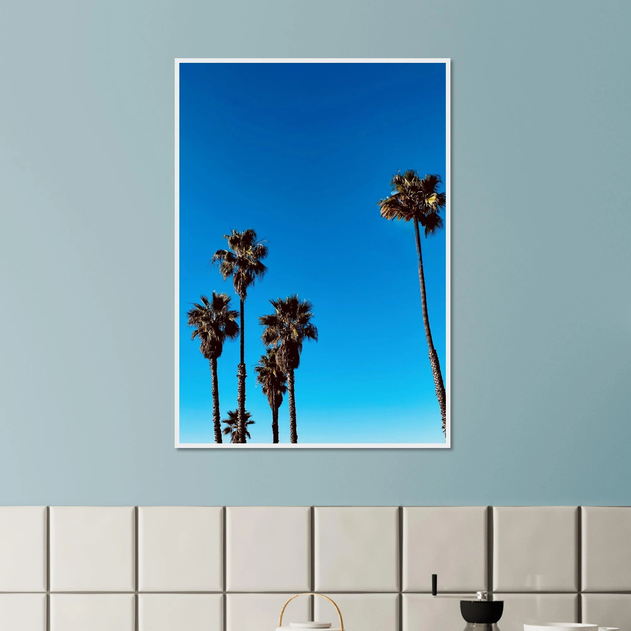 Wooden framed Santa Barbara Palm Tree Magic poster on semi-glossy paper, California-themed home decor by CaliCuration.
