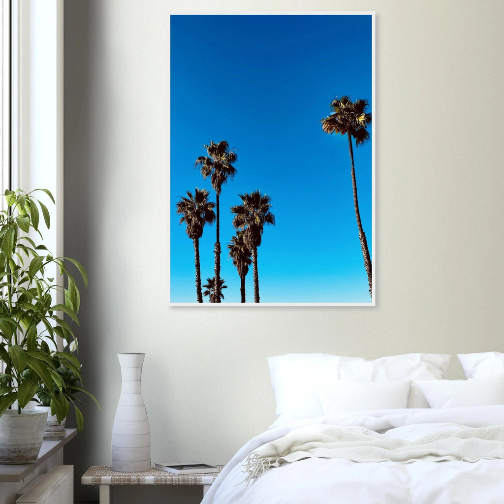 Wooden framed Santa Barbara Palm Tree Magic poster on premium semi-glossy paper, California art studio edition for home decor.