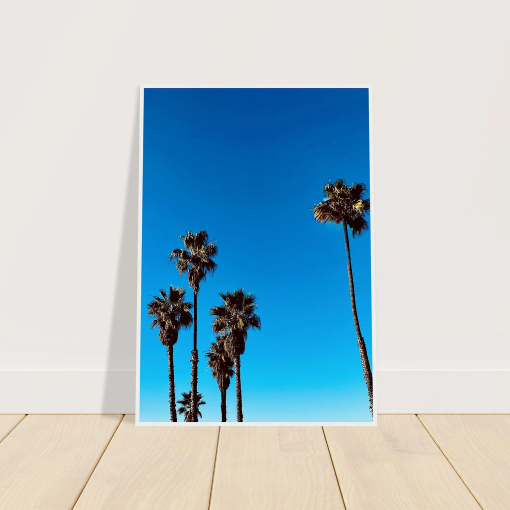 Wooden framed Santa Barbara Palm Tree Magic poster on semi-glossy paper, California home decor art by CaliCuration, studio edition.