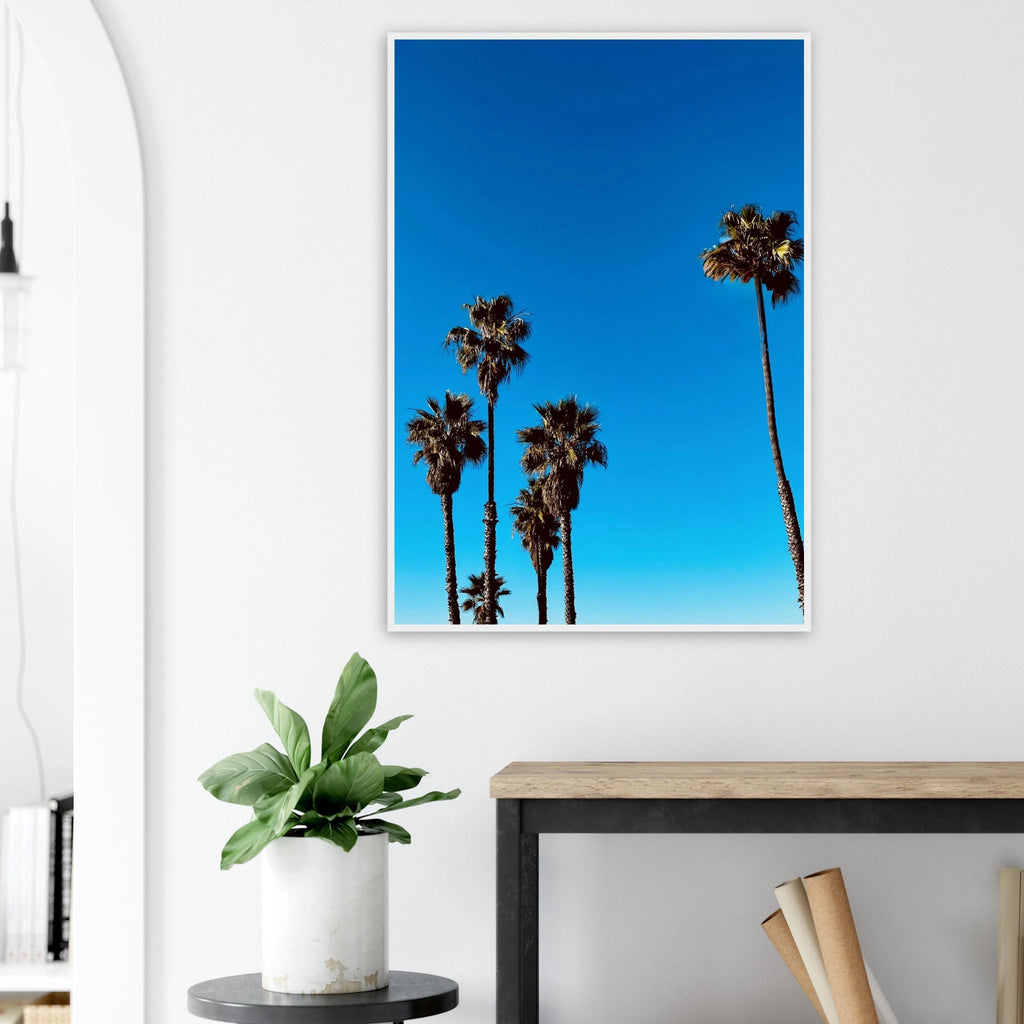Wooden framed Santa Barbara Palm Tree Magic poster on premium semi-glossy paper, California home decor art by CaliCuration.