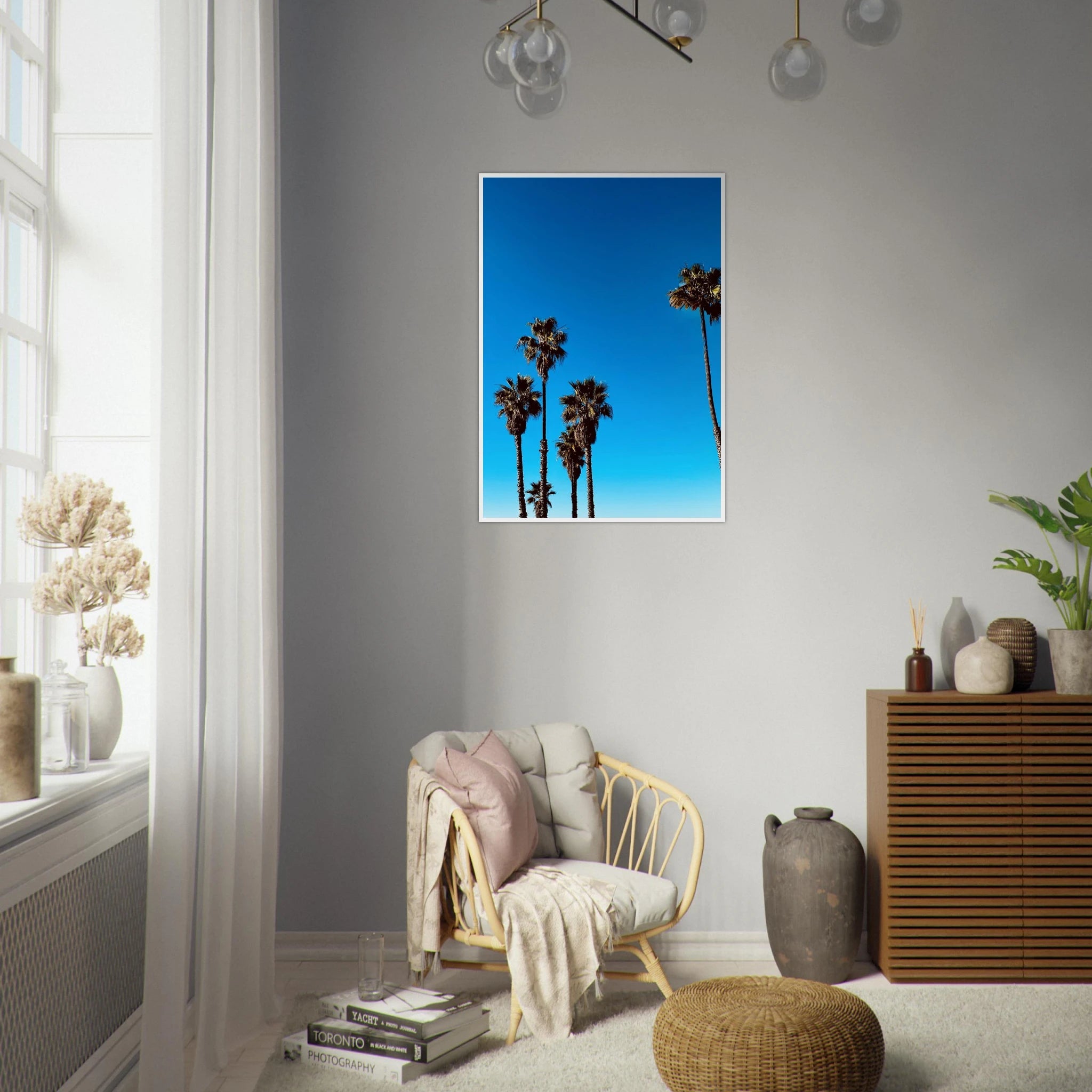 Wooden framed Santa Barbara palm tree poster on semi-glossy paper, California home decor art by CaliCuration, Spring 2026 studio edition.