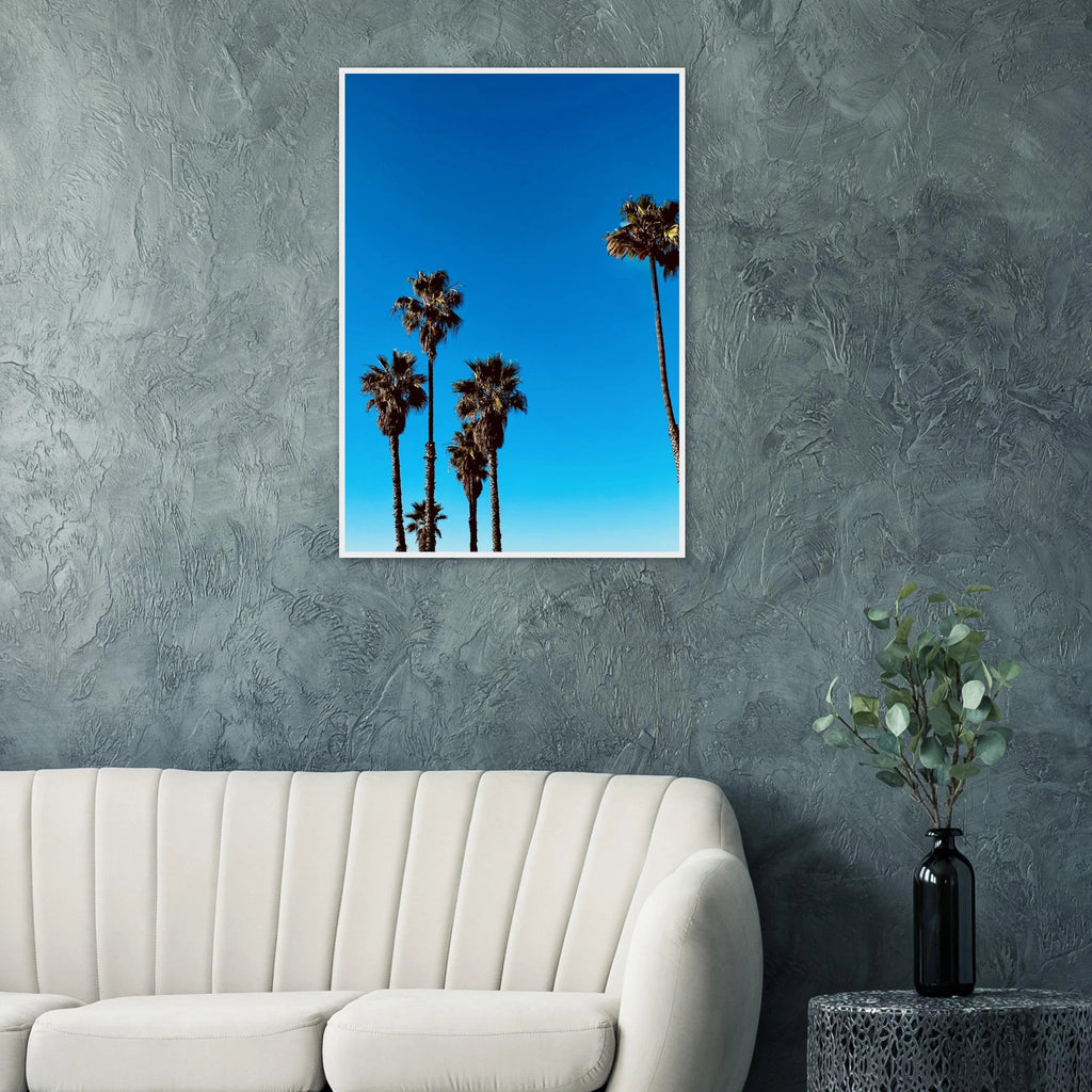 Santa Barbara Palm Tree Magic wooden framed poster showcasing California palm tree art on semi-glossy paper, studio edition, Spring 2026.