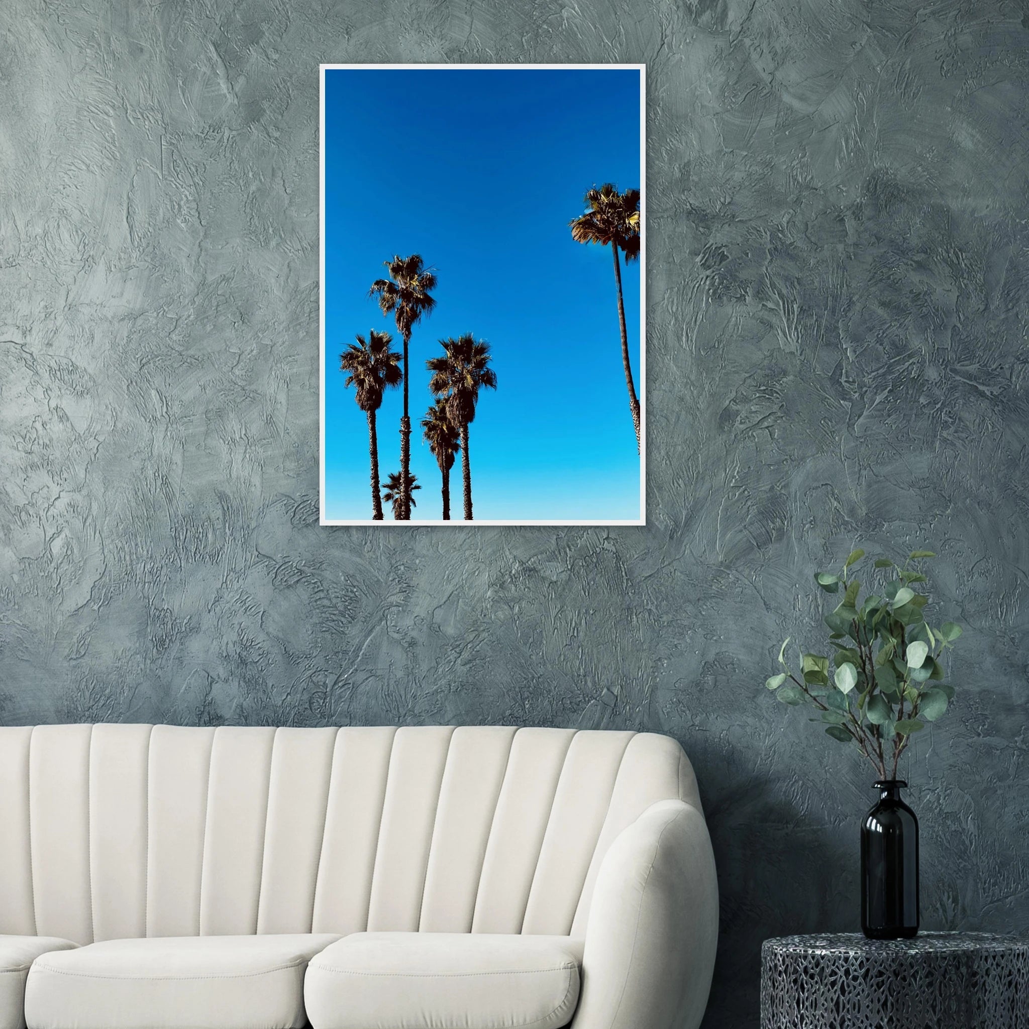 Santa Barbara Palm Tree Magic wooden framed poster showcasing California palm tree art on semi-glossy paper, studio edition, Spring 2026.