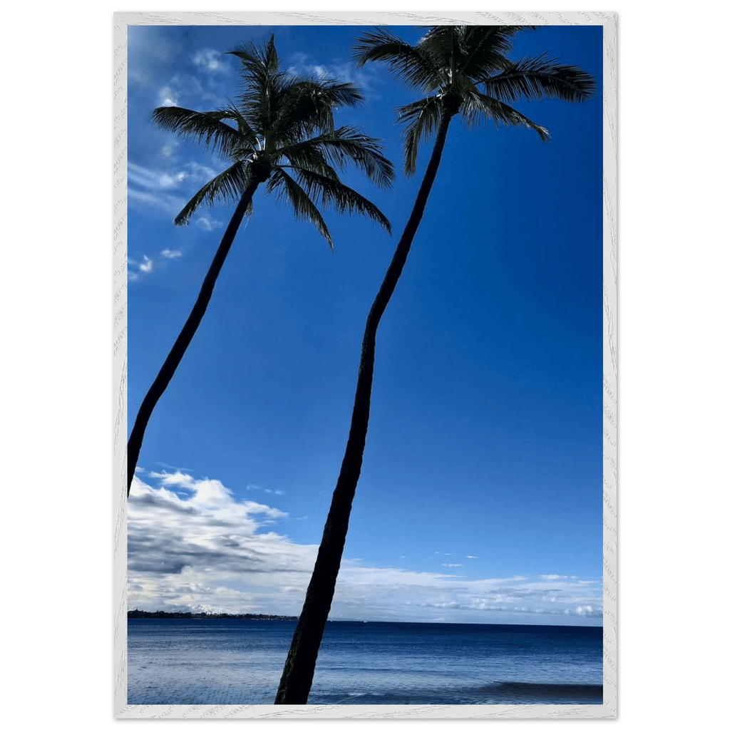 Framed print of Hawaii iconic palm trees and Pacific waves from CaliCuration's travel collection, mounted on white frame.