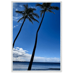 Framed print of Hawaii iconic palm trees and Pacific waves from CaliCuration's travel collection, mounted on white frame.
