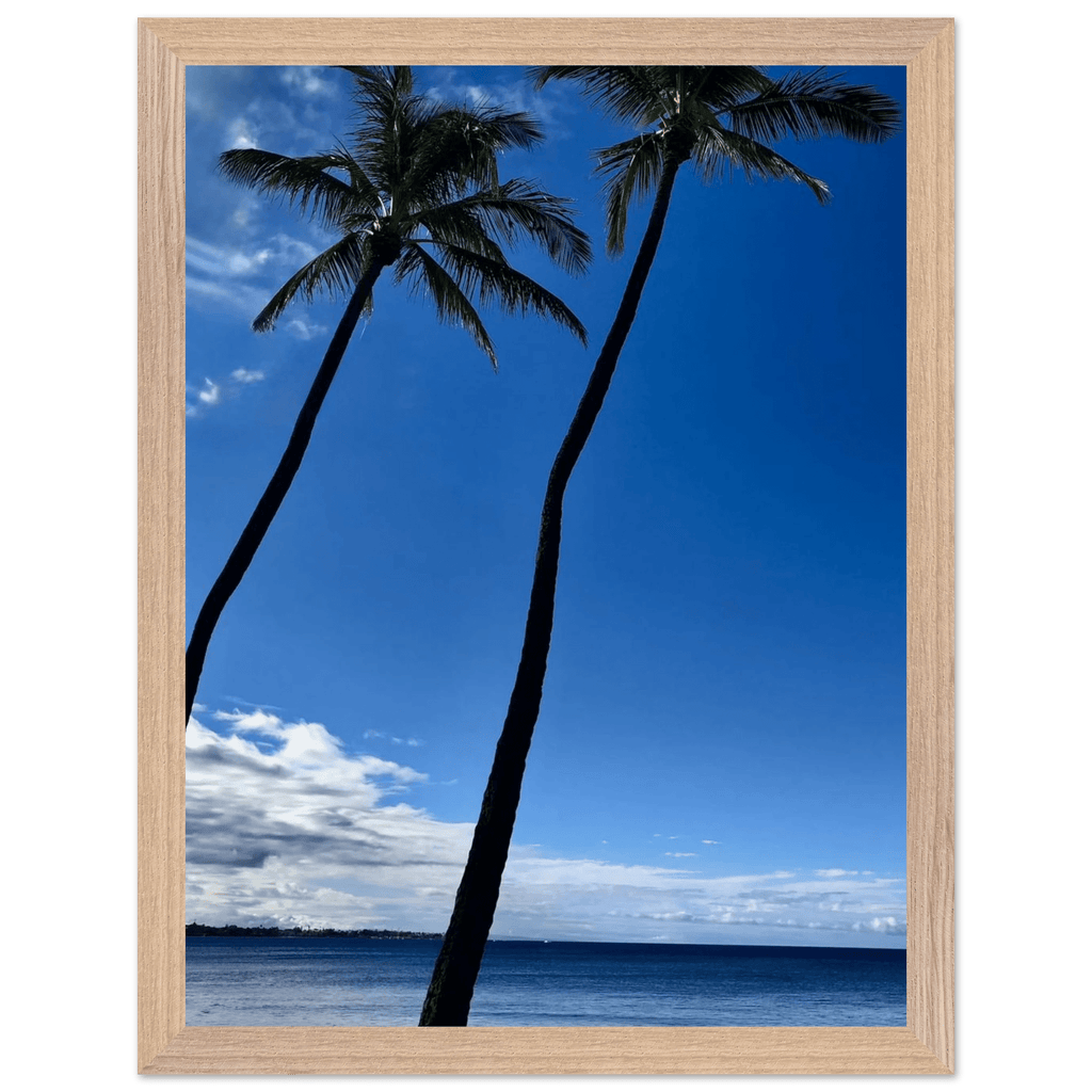 Framed Hawaii travel poster featuring iconic palm tree twins and Pacific waves, mounted with a white frame, studio edition print.