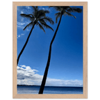Framed Hawaii travel poster featuring iconic palm tree twins and Pacific waves, mounted with a white frame, studio edition print.