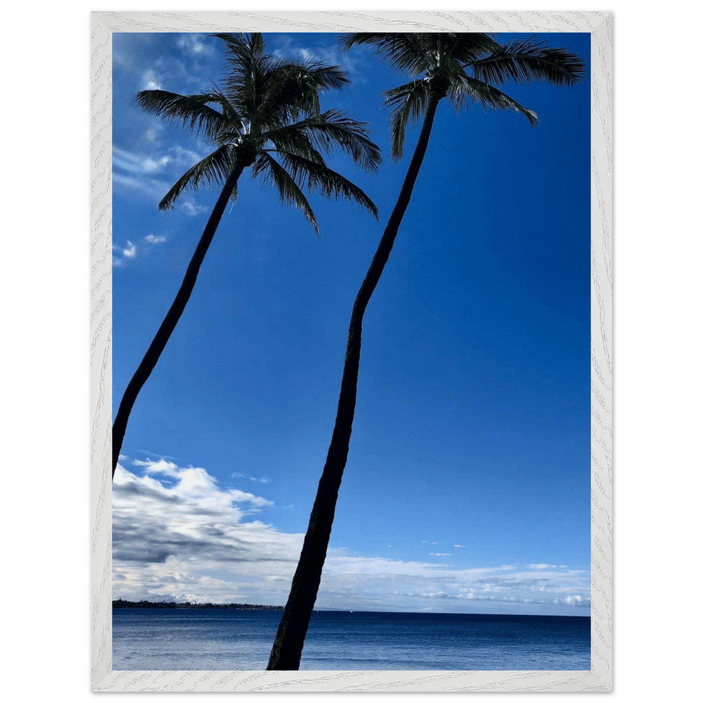 Framed Hawaii travel poster featuring iconic palm trees and Pacific waves, mounted print by CaliCuration in a white frame.