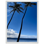 Framed Hawaii travel poster featuring iconic palm trees and Pacific waves, mounted print by CaliCuration in a white frame.