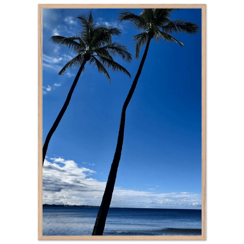 Framed Hawaii travel poster featuring iconic palm tree twins and Pacific waves by CaliCuration, 15x20 cm print with white frame