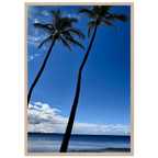 Framed Hawaii travel poster featuring iconic palm tree twins and Pacific waves by CaliCuration, 15x20 cm print with white frame