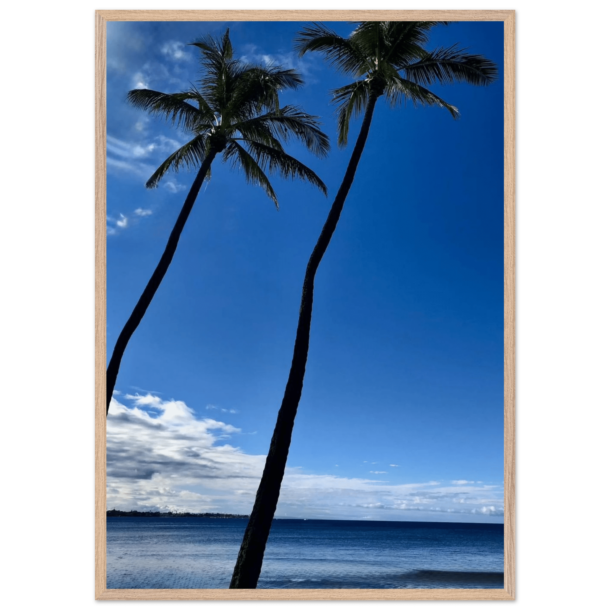 Framed Hawaii travel poster featuring iconic palm tree twins and Pacific waves by CaliCuration, 15x20 cm print with white frame