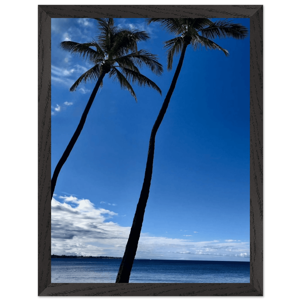 Framed Hawaii travel poster featuring iconic twin palm trees and Pacific waves, mounted on white frame, 15x20 cm print.