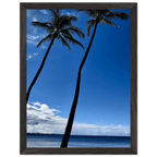 Framed Hawaii travel poster featuring iconic twin palm trees and Pacific waves, mounted on white frame, 15x20 cm print.