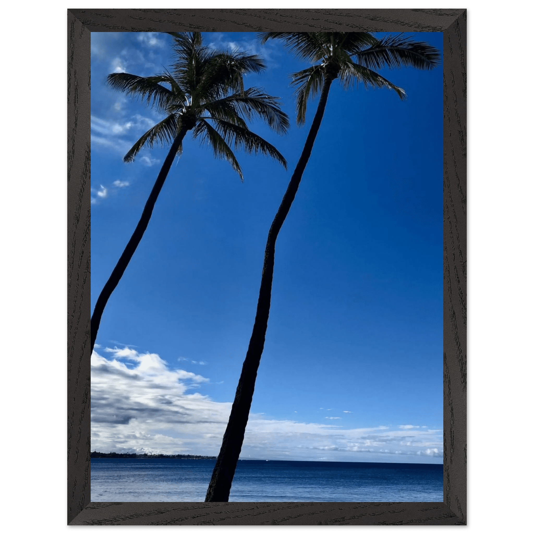 Framed Hawaii travel poster featuring iconic twin palm trees and Pacific waves, mounted on white frame, 15x20 cm print.
