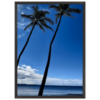 Framed print of Hawaii iconic palm tree twins and Pacific waves, CaliCuration travel collection studio edition, 15x20 cm.