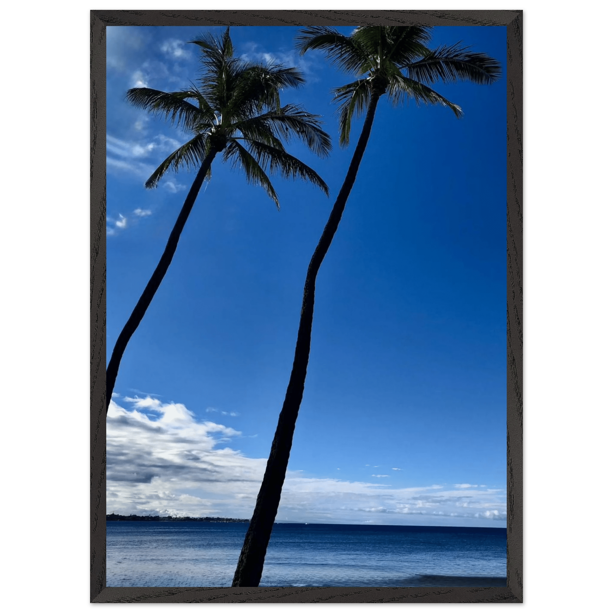 Framed print of Hawaii iconic palm tree twins and Pacific waves, CaliCuration travel collection studio edition, 15x20 cm.