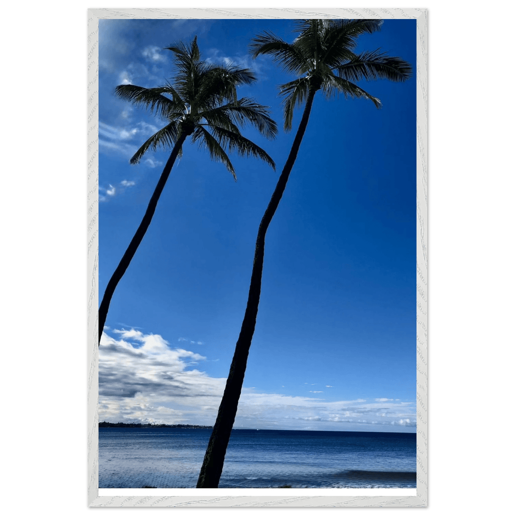 Hawaii iconic palm tree twins and Pacific waves framed print by CaliCuration, 15x20 cm, mounted travel collection poster.