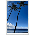 Hawaii iconic palm tree twins and Pacific waves framed print by CaliCuration, 15x20 cm, mounted travel collection poster.