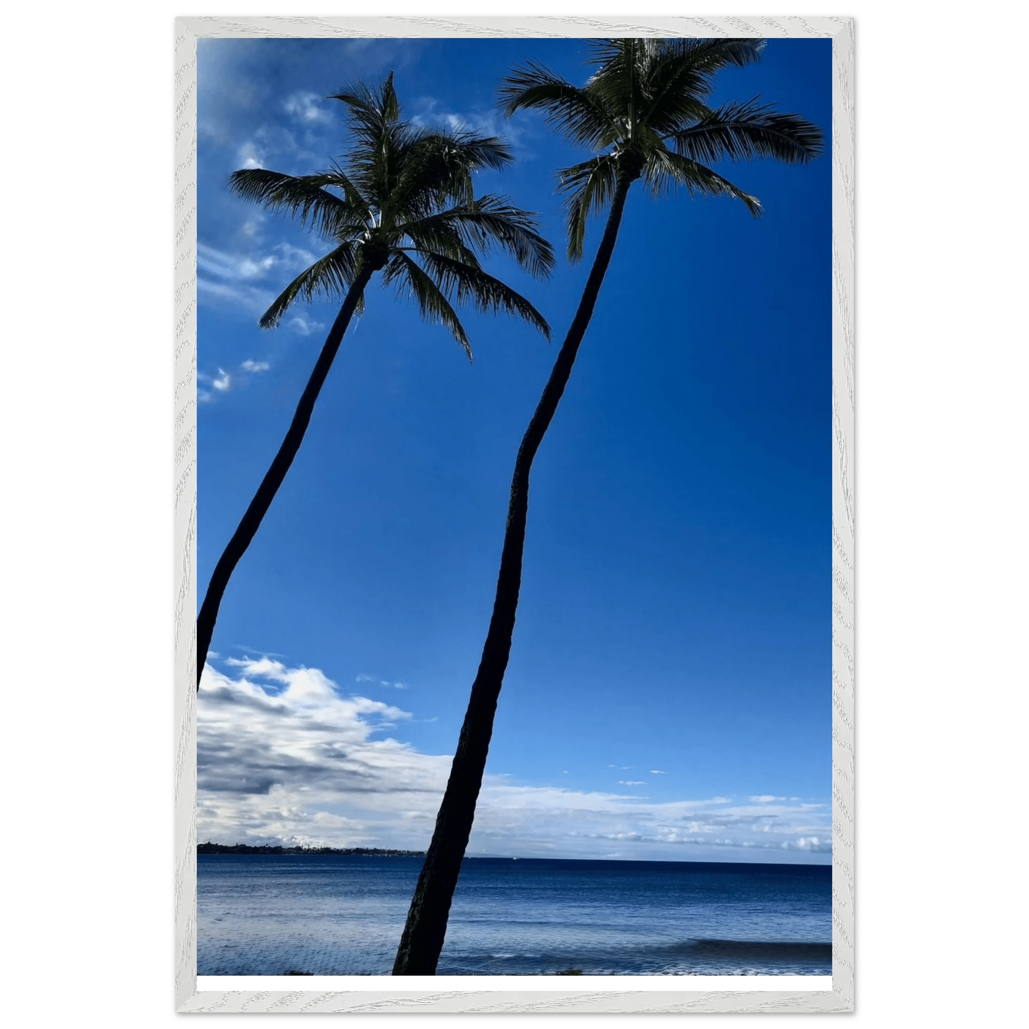 Hawaii iconic palm tree twins and Pacific waves framed print by CaliCuration, 15x20 cm, mounted travel collection poster.