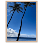 Framed print of Hawaii iconic palm tree twins and Pacific waves on white frame by CaliCuration, 15x20 cm travel collection poster.