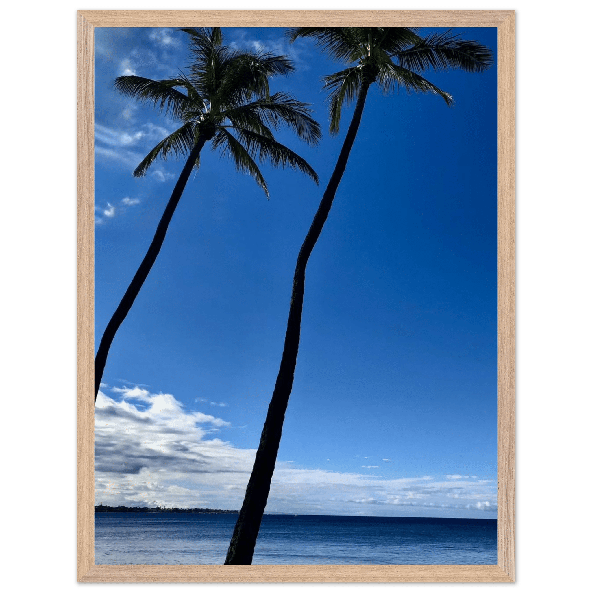 Framed print of Hawaii iconic palm tree twins and Pacific waves on white frame by CaliCuration, 15x20 cm travel collection poster.