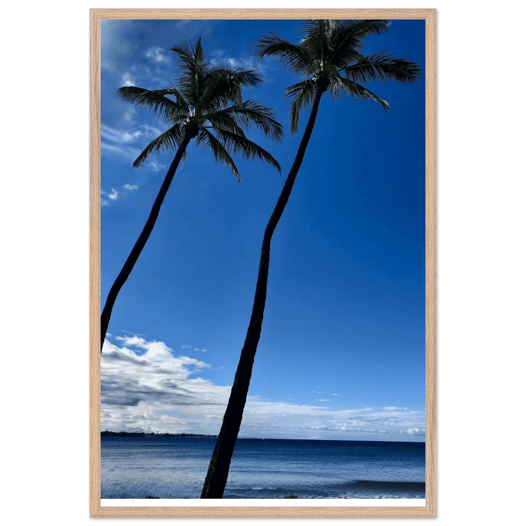Framed print of Hawaii iconic palm tree twins and Pacific waves, CaliCuration travel collection studio edition, 15x20 cm, white frame.