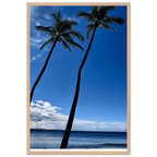Framed print of Hawaii iconic palm tree twins and Pacific waves, CaliCuration travel collection studio edition, 15x20 cm, white frame.
