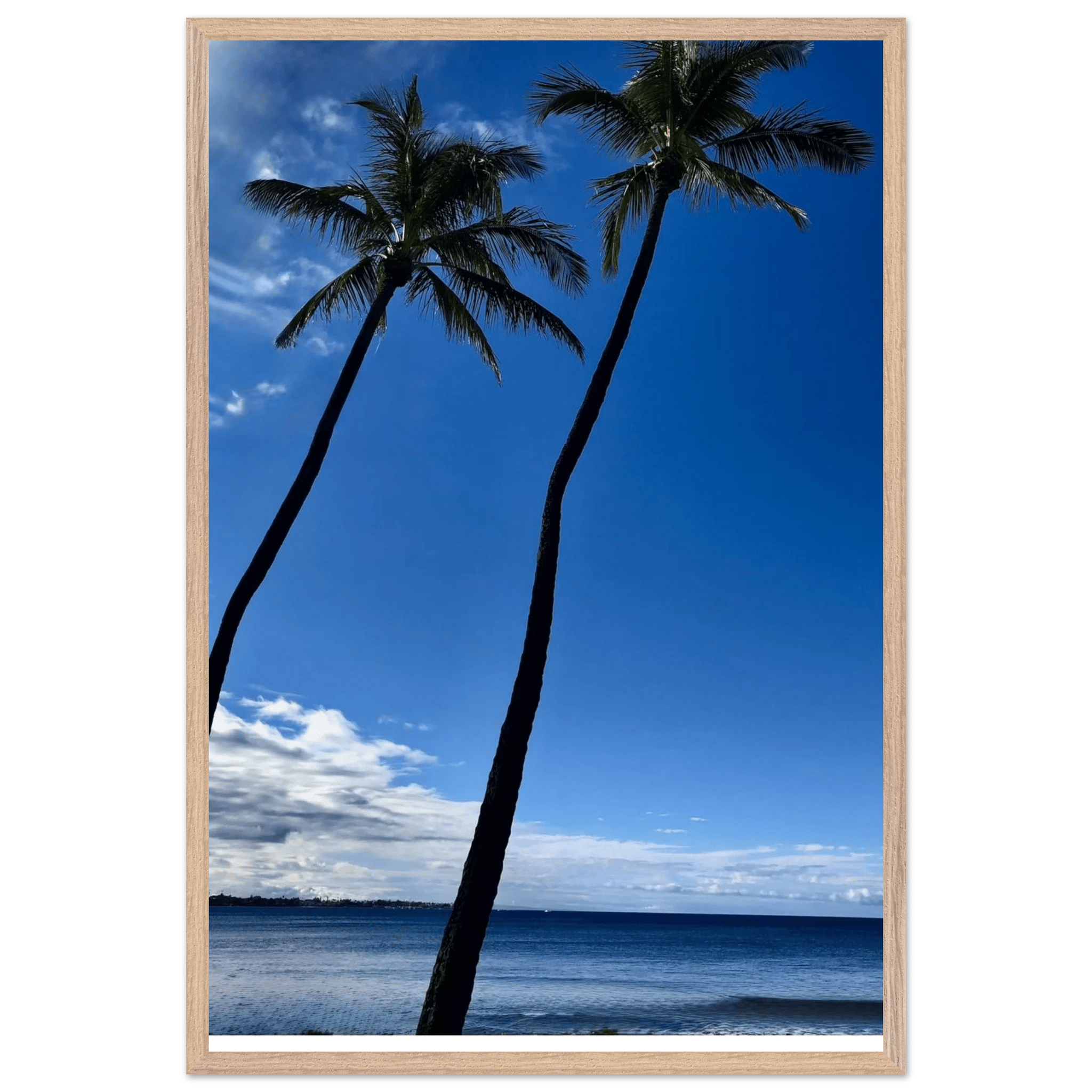Framed print of Hawaii iconic palm tree twins and Pacific waves, CaliCuration travel collection studio edition, 15x20 cm, white frame.