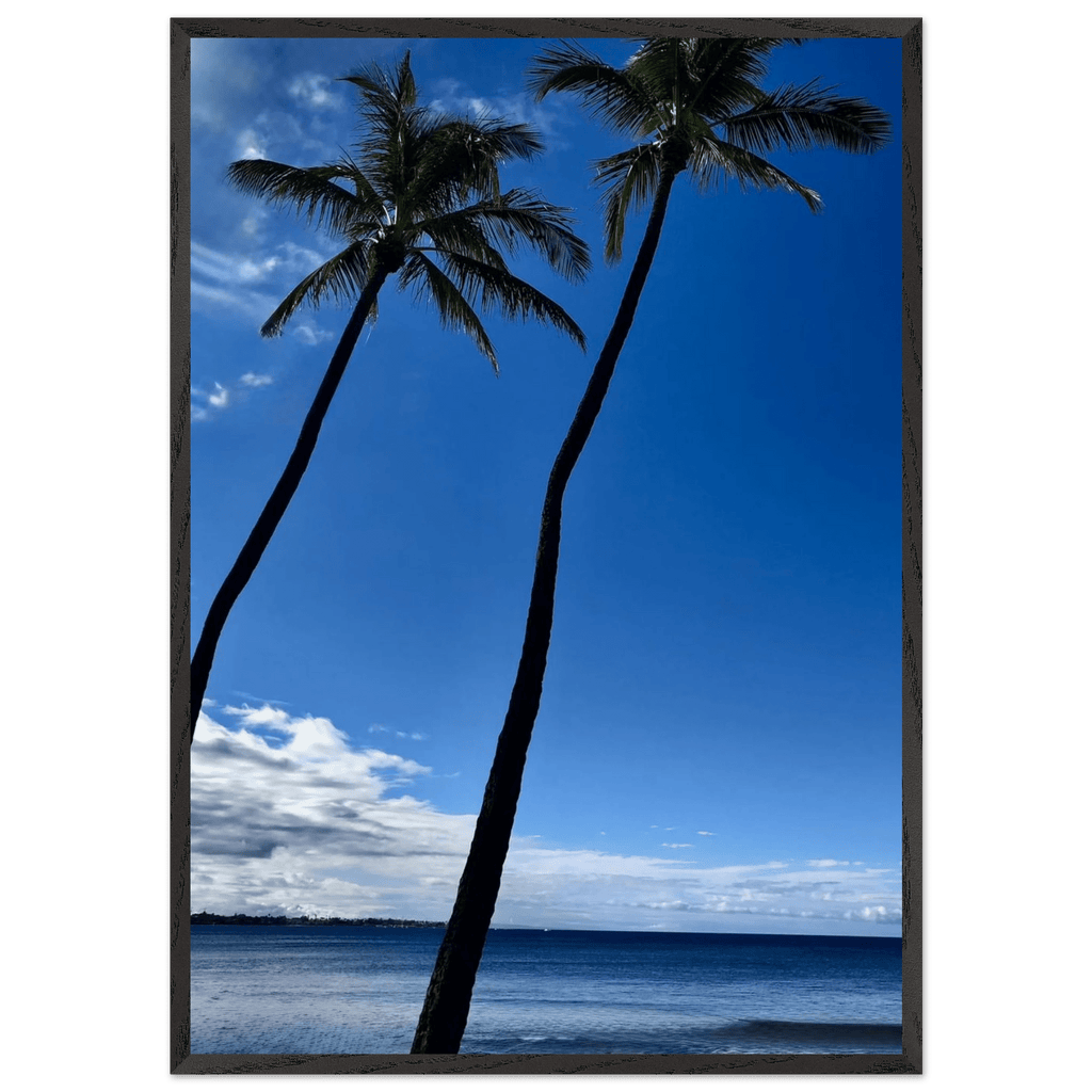 Hawaii iconic palm tree twins and Pacific waves framed print by CaliCuration, 15x20 cm, mounted travel collection studio edition.