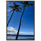 Hawaii iconic palm tree twins and Pacific waves framed print by CaliCuration, 15x20 cm, mounted travel collection studio edition.