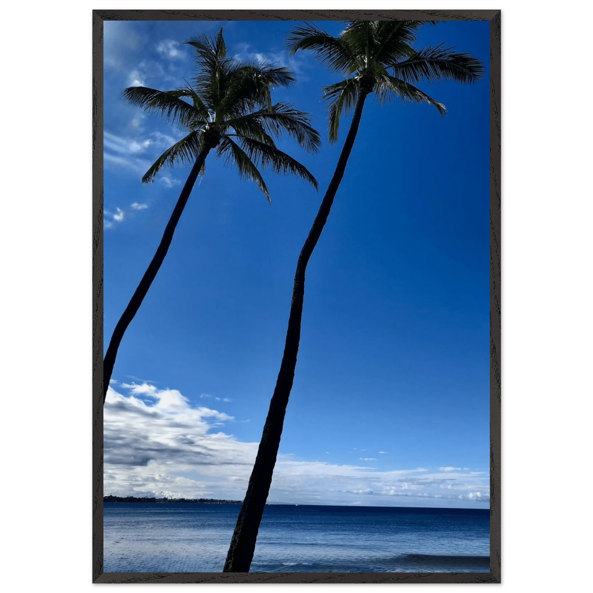 Hawaii iconic palm tree twins and Pacific waves framed print by CaliCuration, 15x20 cm, mounted travel collection studio edition.