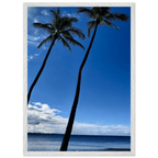 Framed print of Hawaii iconic palm tree twins and Pacific waves by CaliCuration, 15x20 cm, mounted on white frame.