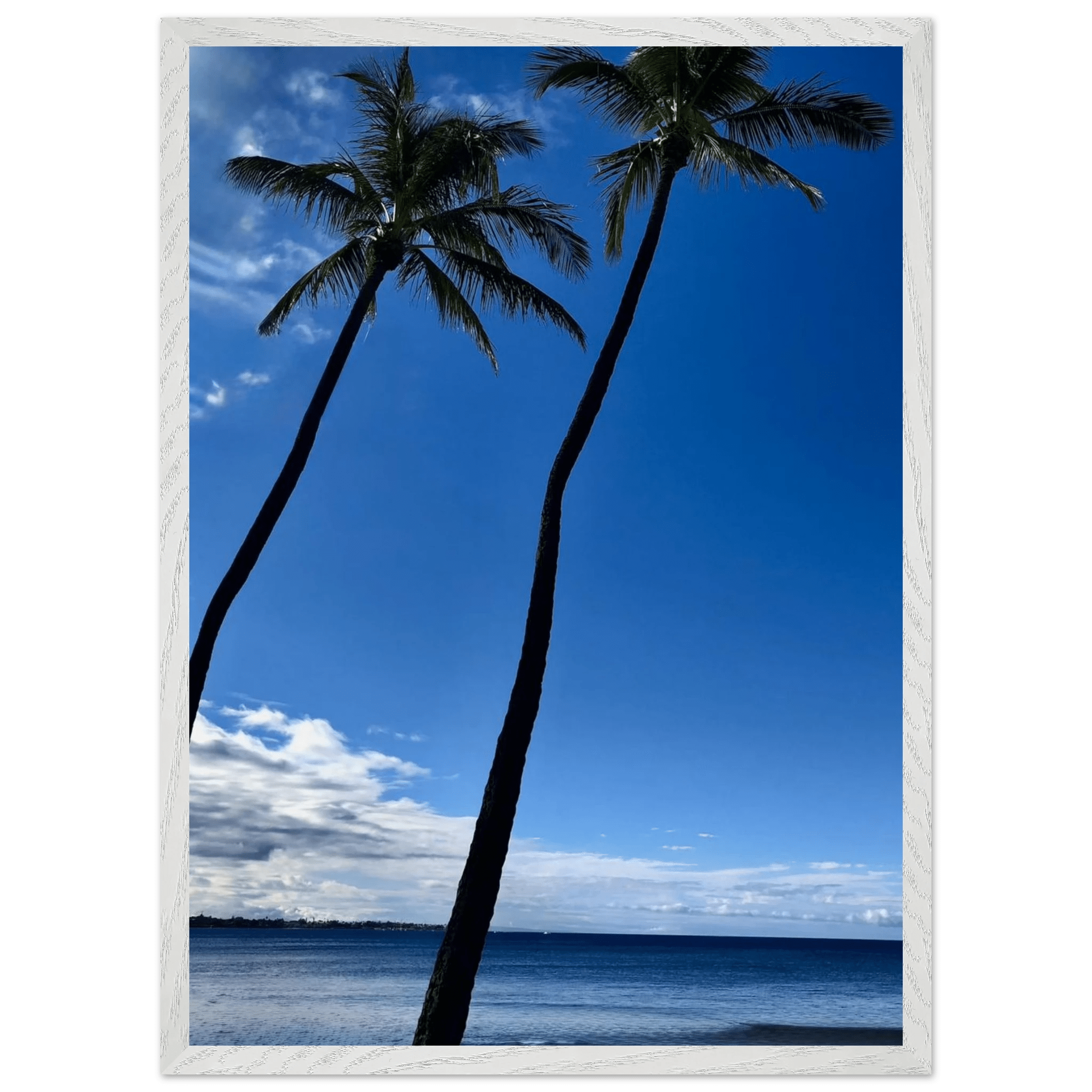 Framed print of Hawaii iconic palm tree twins and Pacific waves by CaliCuration, 15x20 cm, mounted on white frame.