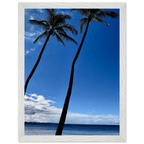 Framed print of Hawaii iconic palm tree twins and Pacific waves, CaliCuration travel collection studio edition, 15x20 cm.