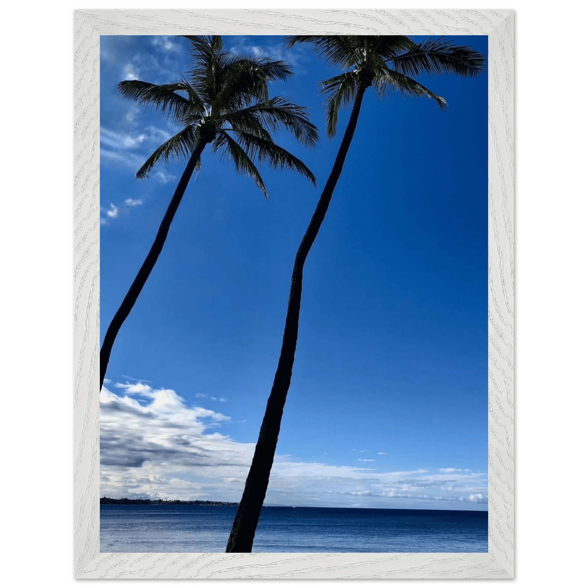 Framed print of Hawaii iconic palm tree twins and Pacific waves, CaliCuration travel collection studio edition, 15x20 cm.